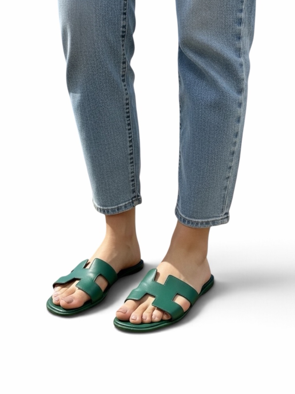 • Hermes • Oren Slip On Sandals Dark Green 38 Authentic Dust Bags